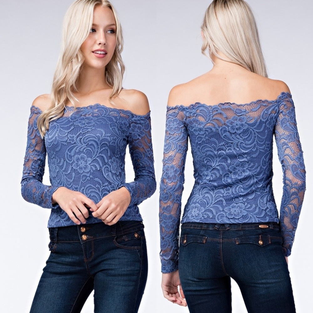 💙Denim Blue Off Shoulder Crochet Lace Top